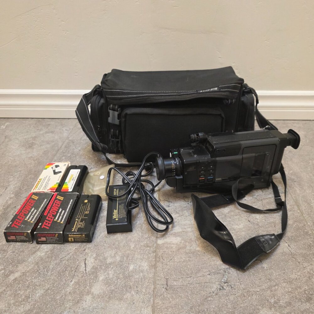 Vintage Black Camcorder with Carrying Case and Accessories
